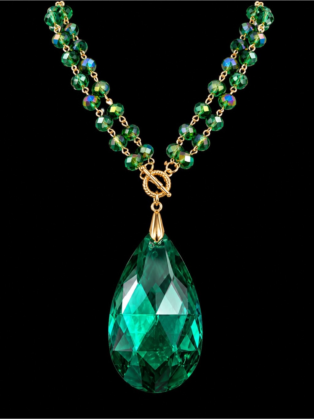 Emerald Teardrop Pendant Necklace - Green Crystal with Gold Accents